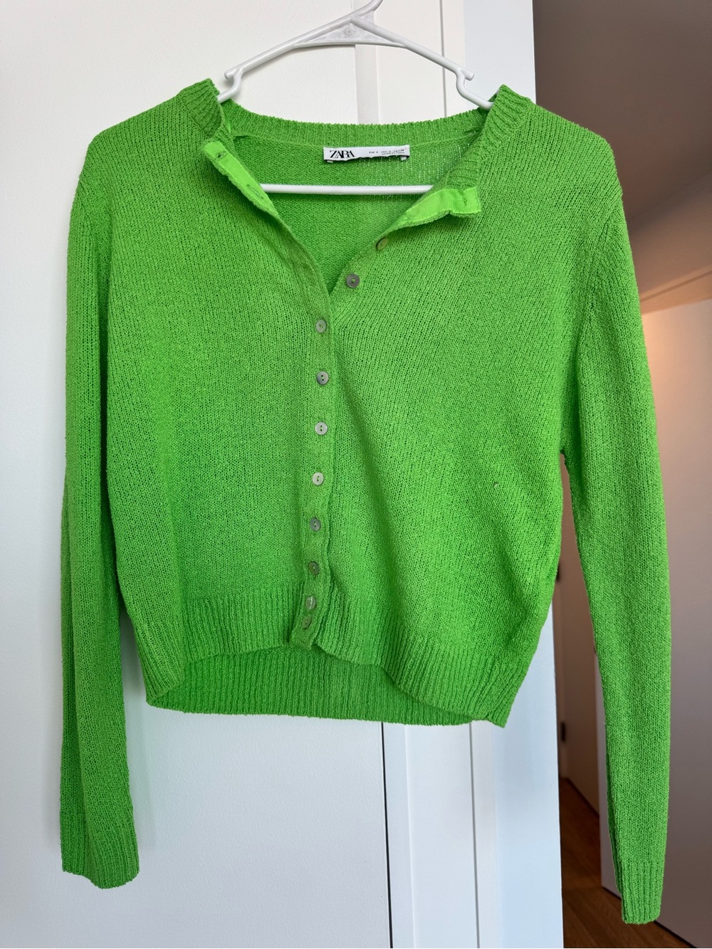 ZARA Vibrant Lime Green Button-Front Knit Cardigan
